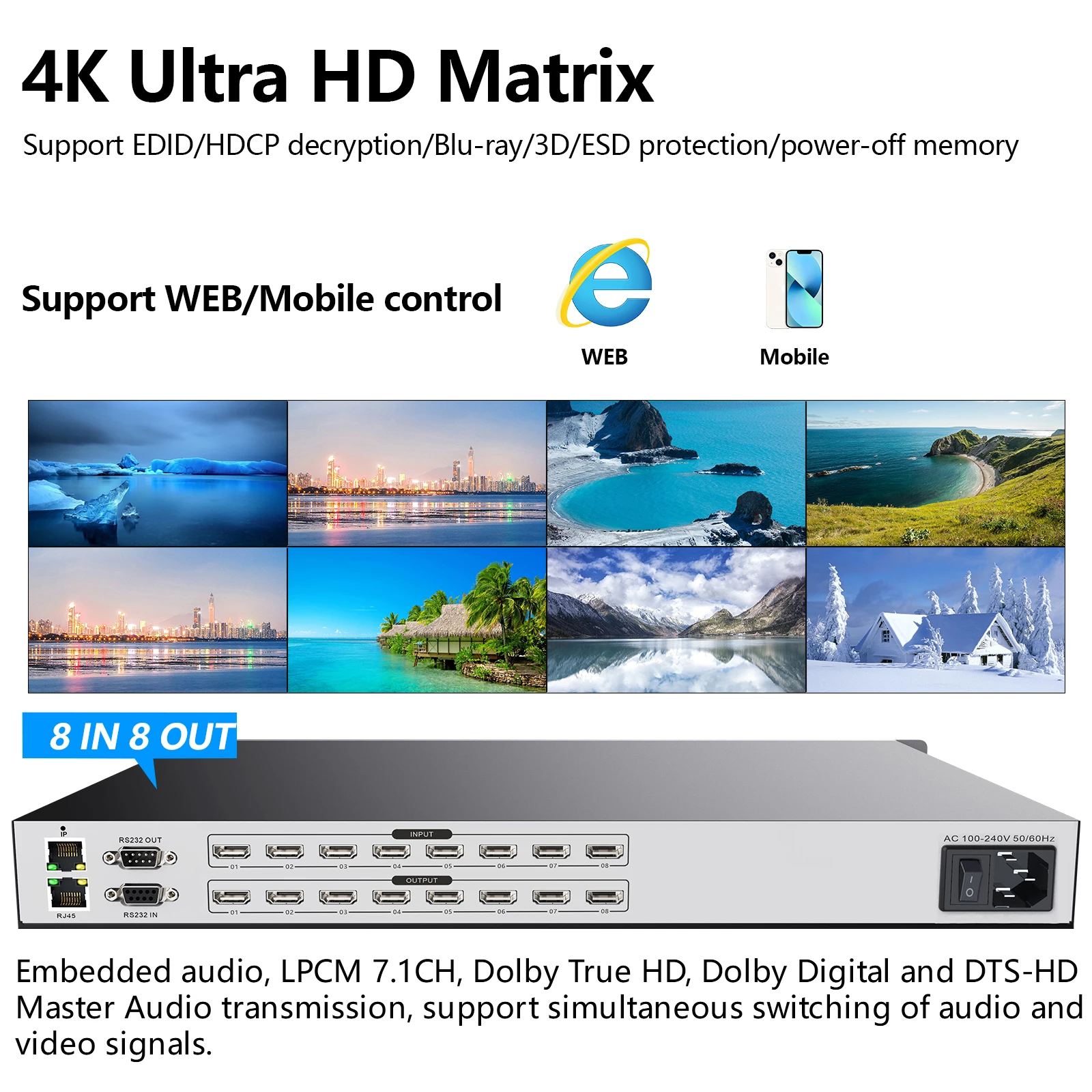 8 in 8 out Matrix Switcher 4kx2k@30Hz HDMI Matrix hdmi Switcher Support WEB Control Dolby Digital DTS-HD Master Audio Playback