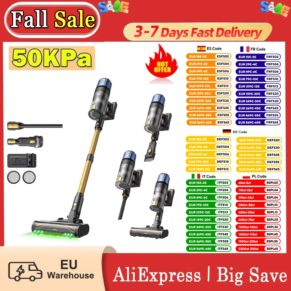 Aspirateur balai sans fil Proscenic P15 50Kpa 580W aspiration puissante, autonomie de 70 minutes, brosse anti-emmêlement, filtre 6 couches