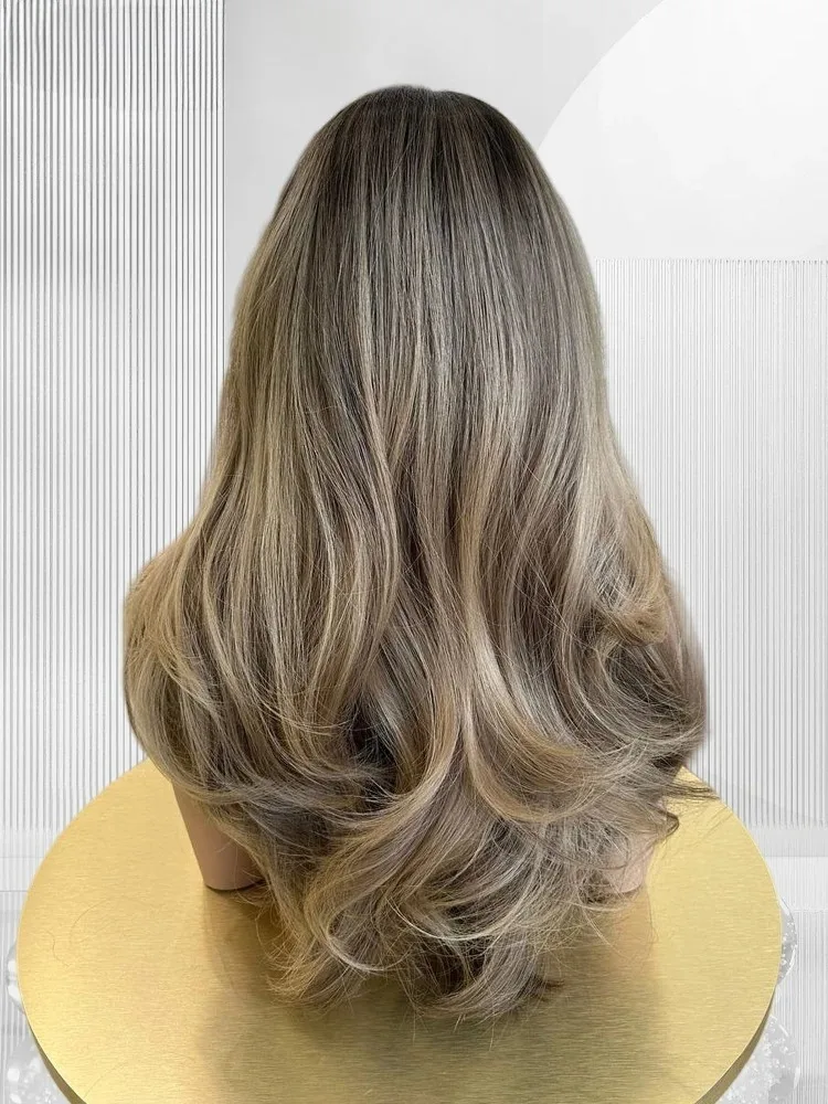 Ombre Brown Blonde Dark Root Highlight Layered Straight Lace Front Wig 200 Density Pre plucked Cosplay For Women Daily Party Use