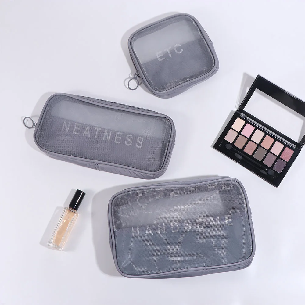 

3pcs Solid Color Mesh Cosmetic Bag Zipper Large Capacity Transparent Makeup Bag Toiletry Bag Organizer Case