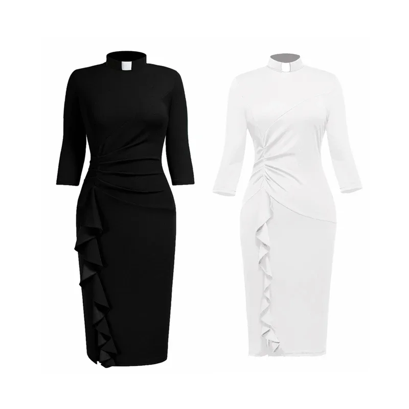 Catholic Church Women Clergy Tab Collar Dress Black Mass Pencil Dress