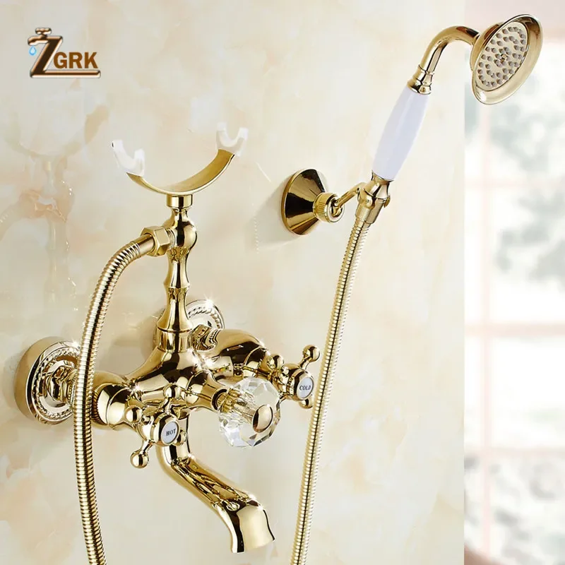 Imagem -04 - Zgrk Torneiras de Banheira Luxuosas Feitas de Cristal Dourado com Misturador e Suporte na Parede para Telefone