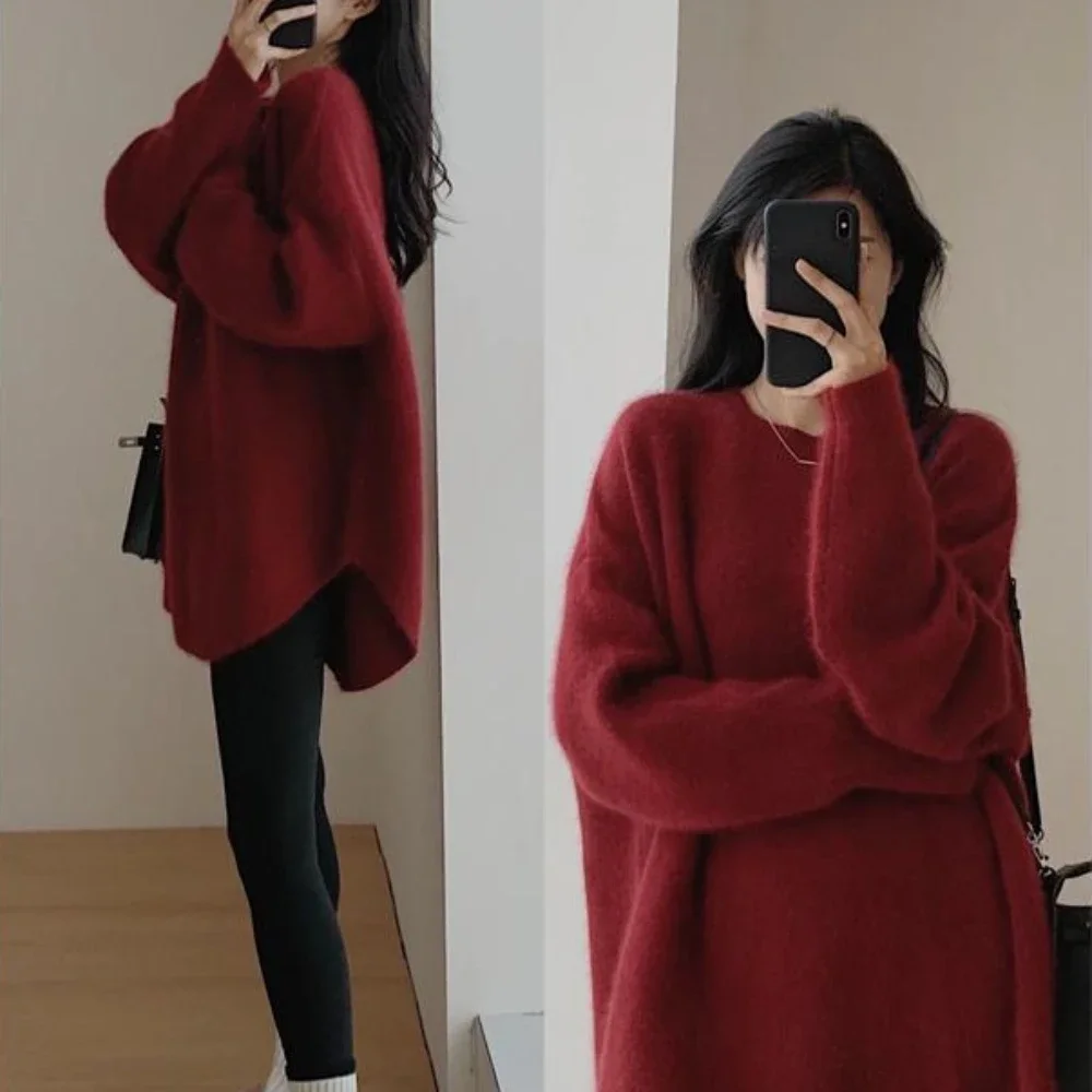 White Round O Neck Knitted Top for Women Pullover Black Ladies Sweaters Long Y2k Fashion Korea Vintage Trend 2023 Sleeve New In