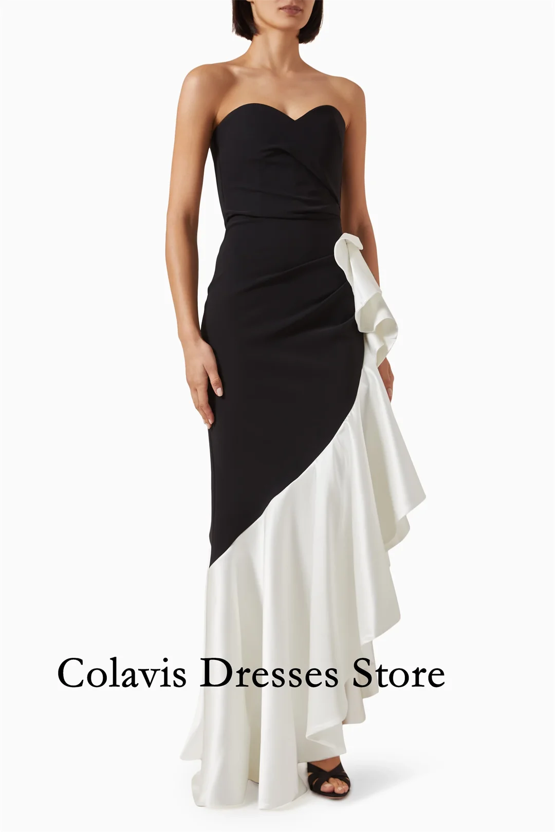 

2025 Customized Spaghetti Straps Mermaid Ruffles Black White Prom Dresses Evening Dress Women Evening Gowns Formal Party Dress