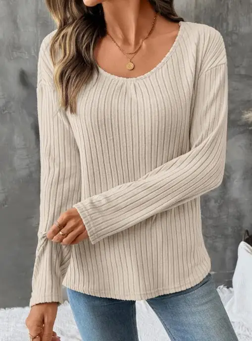 

2025 Long Sleeved Lace Backless Top Fashionable Loose Knit Long Sleeved T-Shirt Round Neck Casual Pullover for Women