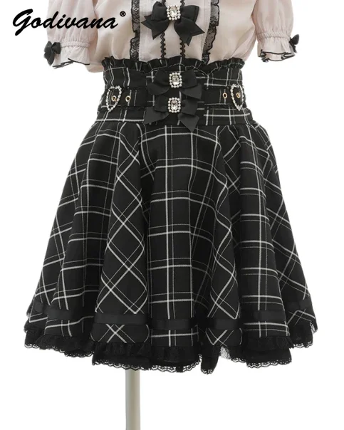 Japanese Mine Mass-Produced Short Skirt Women Spring Summer Ribbon Bow Diamond Pearl Buckle Plaid Skirt Sweet A Line Skirt