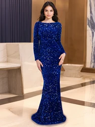 Romagic Women Modest Stretch Sequin Royal Blue Evening Prom Gown Long Sleeves Formal Wedding Party Dress Elegant Mermaid Dresses