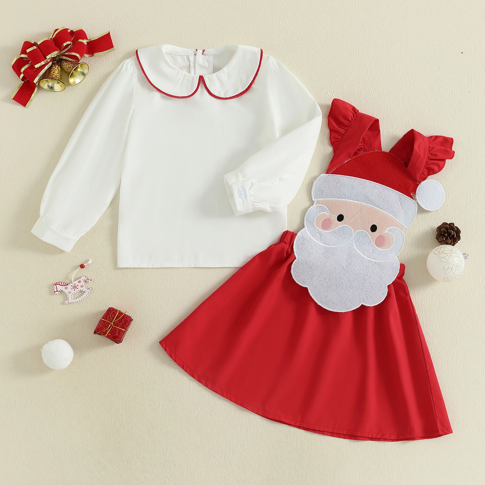 أطفال فتاة ملابس عيد الميلاد دمية طوق كم طويل بلايز الكرتون سانتا كلوز التصحيح الحمالة التنانير 2 قطعة مجموعة الملابس #2