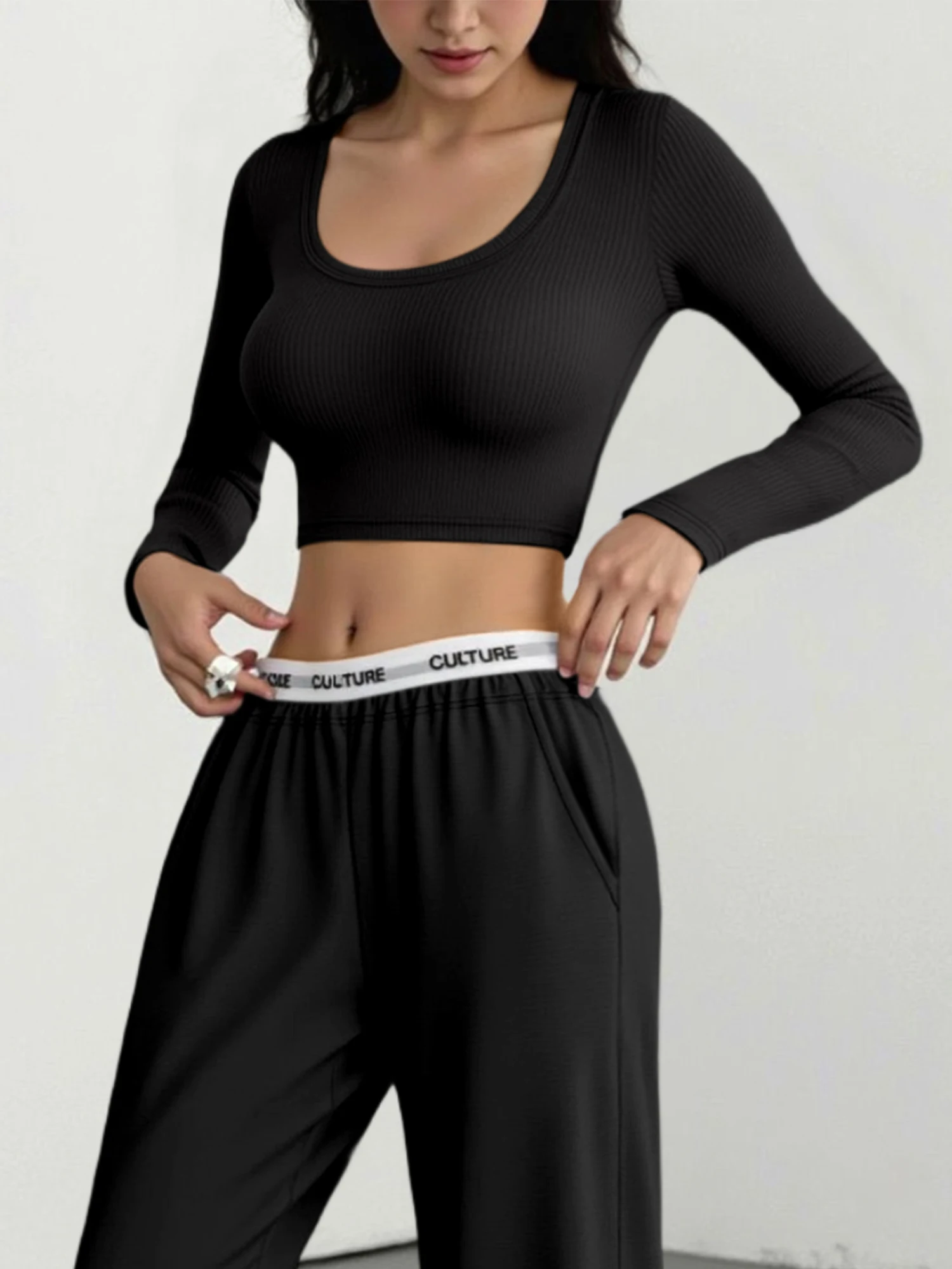 Gym-To-Street Knit Crop Top, Long Sleeve Square Neck Slim Tee for Post-Workout City Outfits