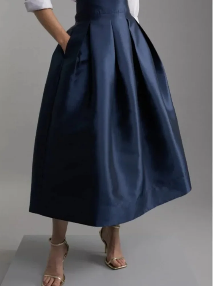 Women's Navy Blue High Waist Pleated Skirt Zippered Back A-line Midi Length Elegant Party Wear Skirts 2025 Autumn New Bottoms