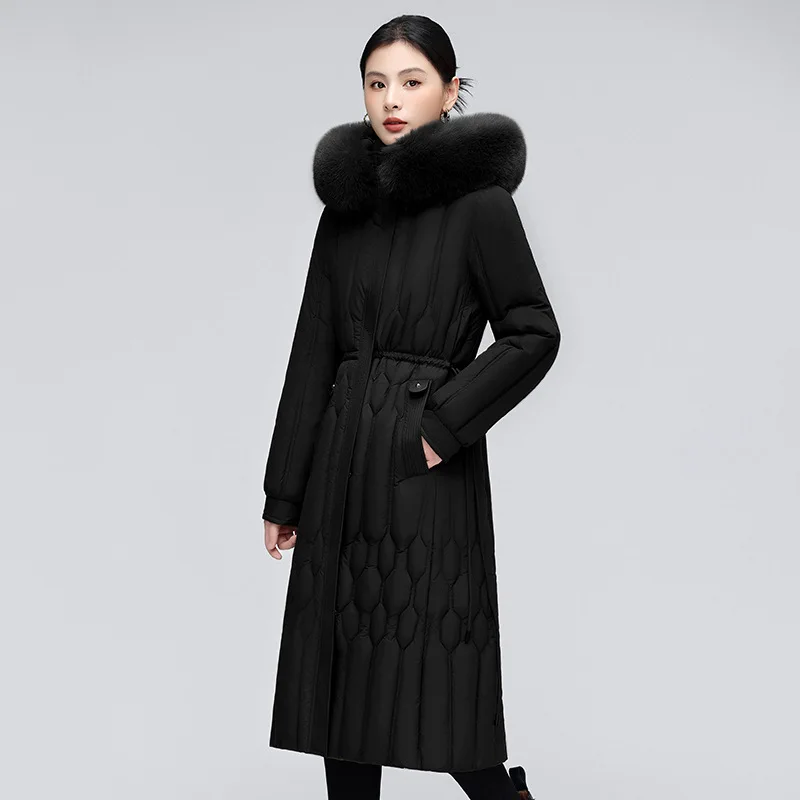 

Зимнее женское пуховое пальто средней длины с меховым капюшоном, модная стильная куртка с капюшоном на талии, прямое пальто с меховым воротником на молнии
