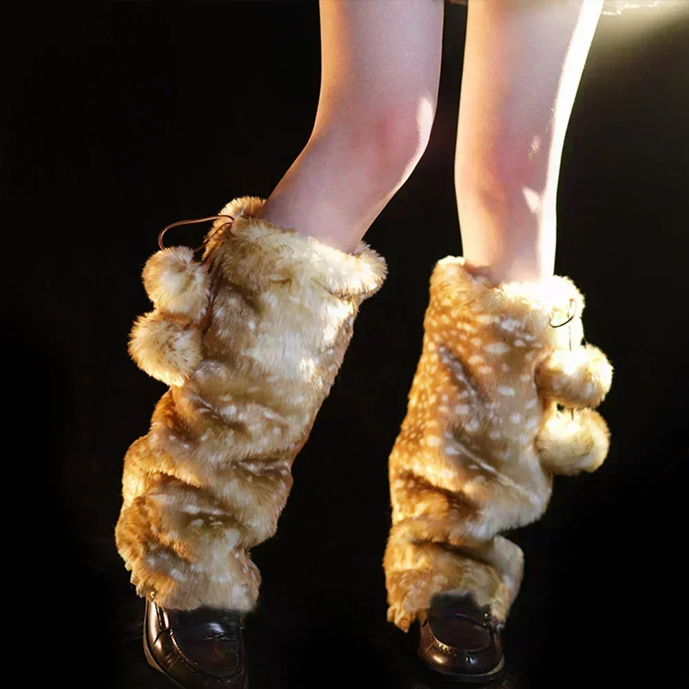 Winter Faux Fur Plush Reindeer Leg Warmers Kawaii Furry Boots Socks Cover Gothic Punk High Boots Socks Performance Costume