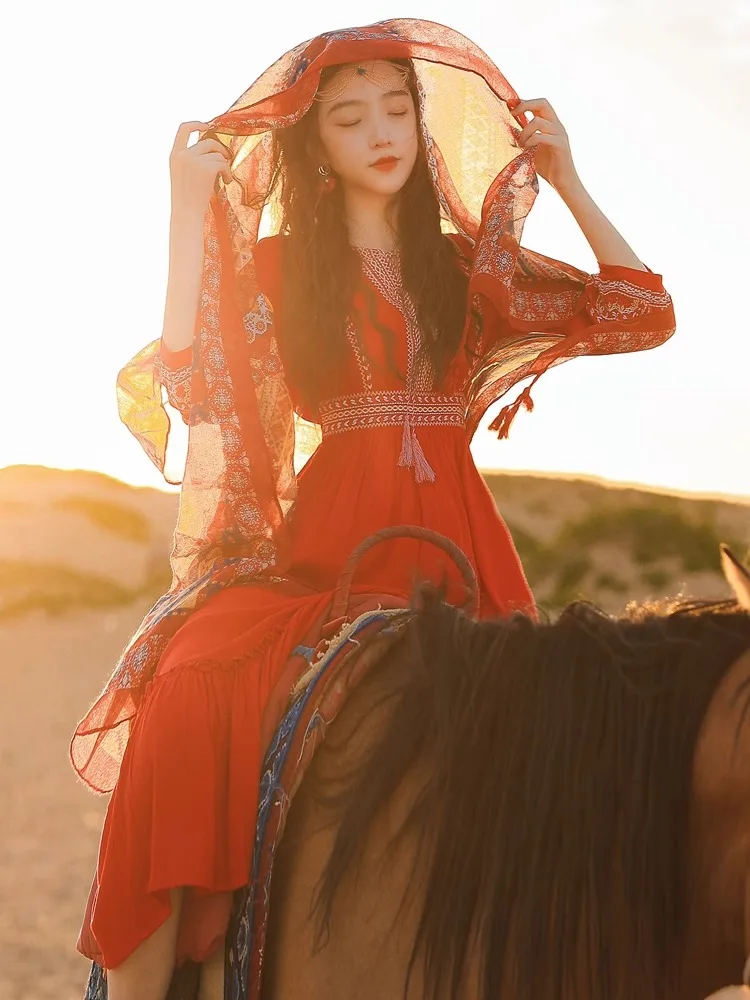 

Ethnic Style Exotic Women's Clothing Desert Travel Photography Red Dress Seaside Vacation Beach