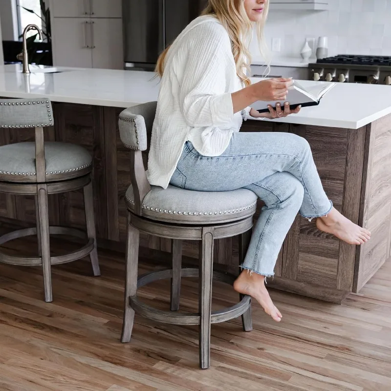 Alexander 26 Inch Tall Counter Height Rotating Low Back Barstool in Reclaimed Oak Finish with Ash Grey Fabric Upholstery Seat