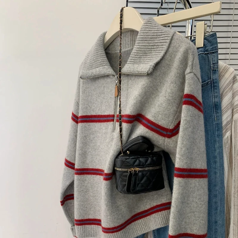 

Polo Collar Half Zipper Striped Sweater Women's Lazy Style Pullover Hoodie Knitted Sweater Top