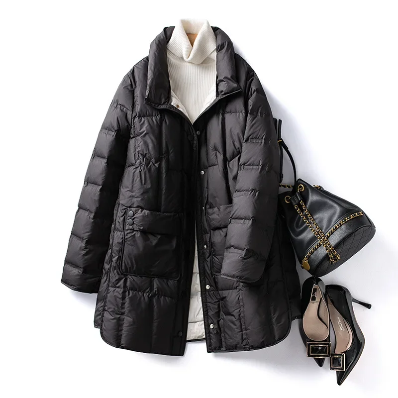 Top Grade 2024 New Winter Warm Ultra Light 90% White Duck Down Jacket Female X-long Seamless Casual Loose Puffer Parkas Coats