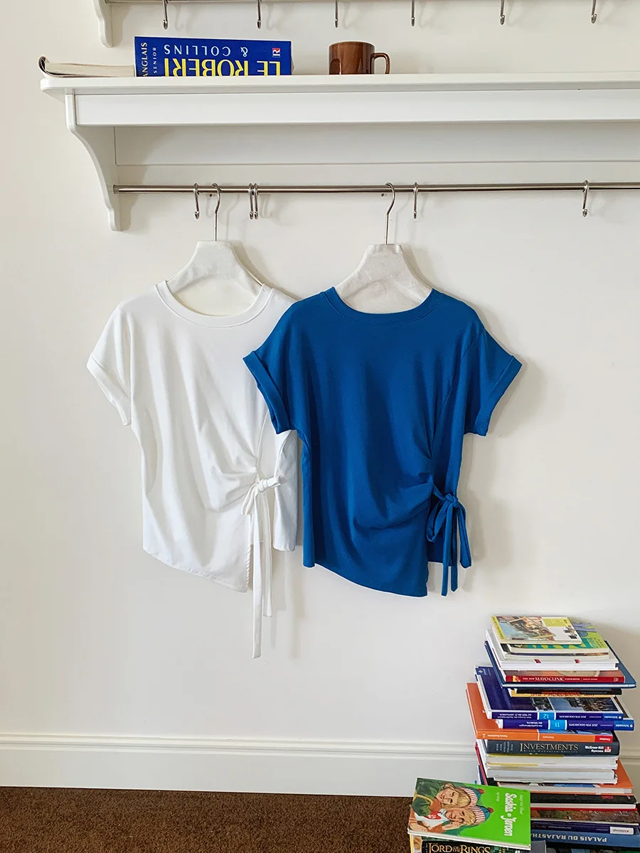 Dames T-shirt in Franse stijl met stropdas in de taille Zomer Casual top met korte mouwen en riemdetail Comfortabel katoenmix Basic T-shirt