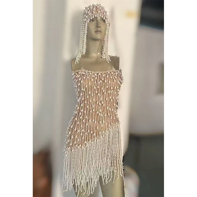 

2025 Party Dress Sexy Sleeveless Pearl Tassels Dress Nightclub Bar Dj Performance Costumes Gogo Dancer Stage Wearing DN22162