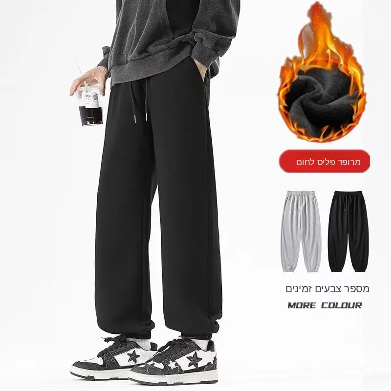 

Gray Fleece Lined Thickened Casual Pants for Men Spring Autumn American Wide Leg Sports Teenage Straight Cut Loose Long Trousers