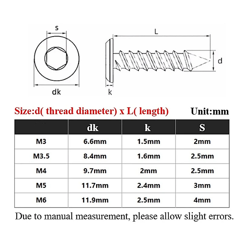 White Zinc M3 M3.5 M4 M5 M6 allen hexagon hex socket flat thin wafer head self tapping wood screw Carbon Steel Furniture Screw