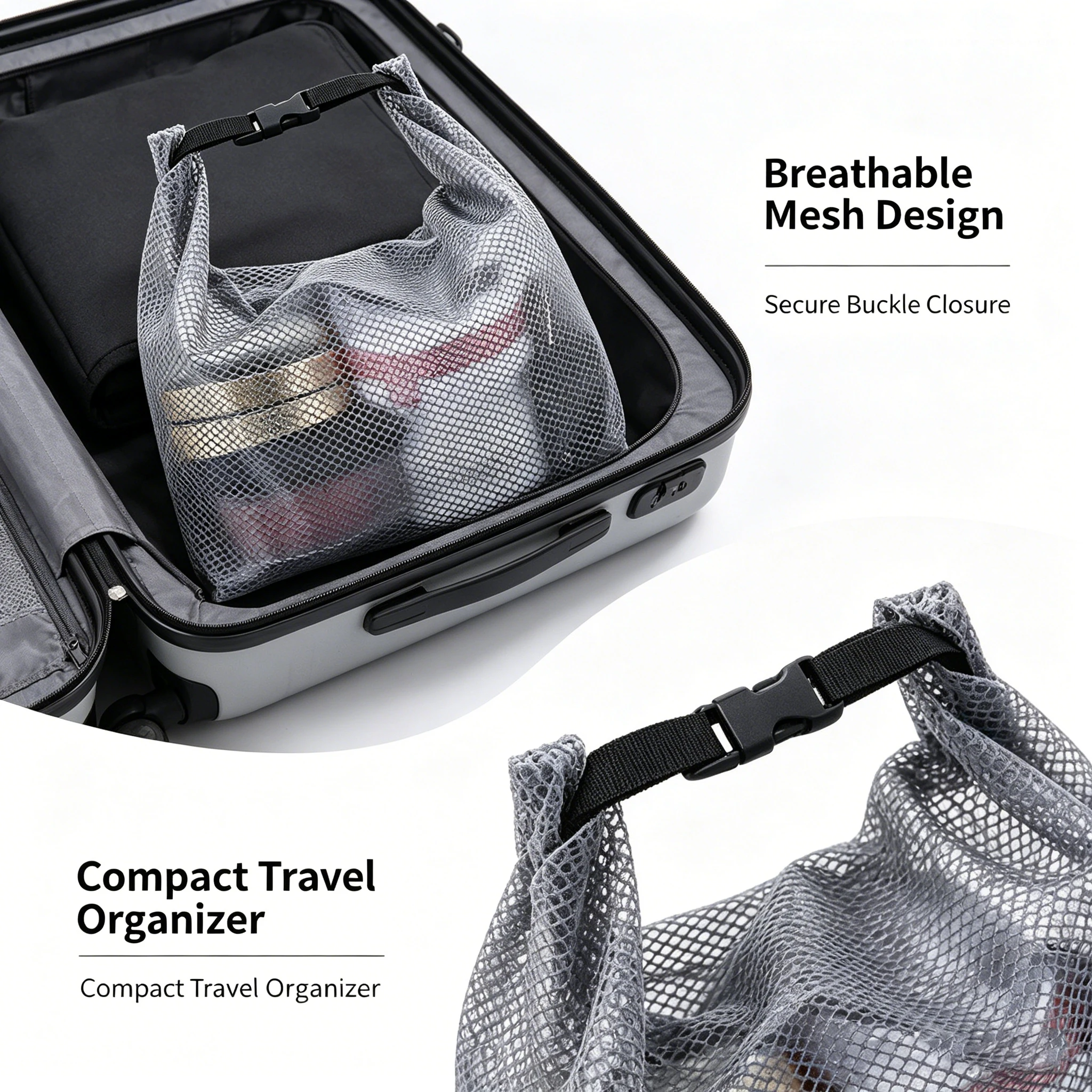 Waterproof Mesh Toiletry Bag, Drawstring Cosmetic Organizer with Quick-Release Buckle, Transparent Pouch for Travel, Gym, and Ba