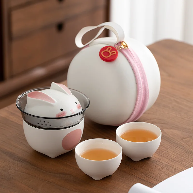 1 set of rabbit portable travel tea set outdoor travel single tea set simple teapot camping quick cup portable tea cup