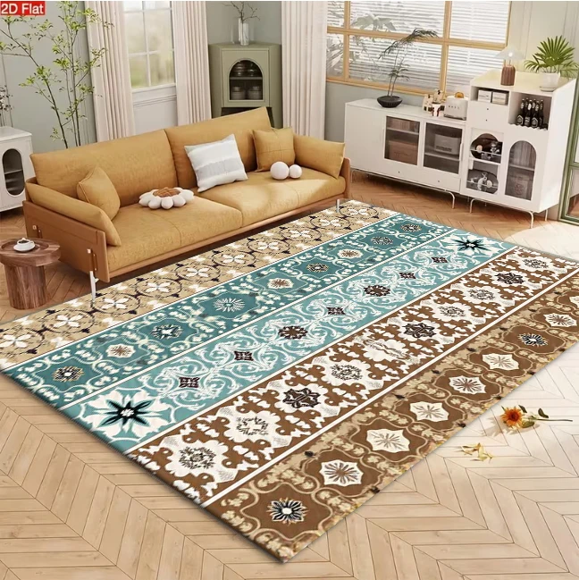 Multi-Layer Vintage Tile Border Strip Pattern carpet flooring, Retro Moroccan Geometric Floral Stripe Area Rug for Living Room Bedroom Home Decor