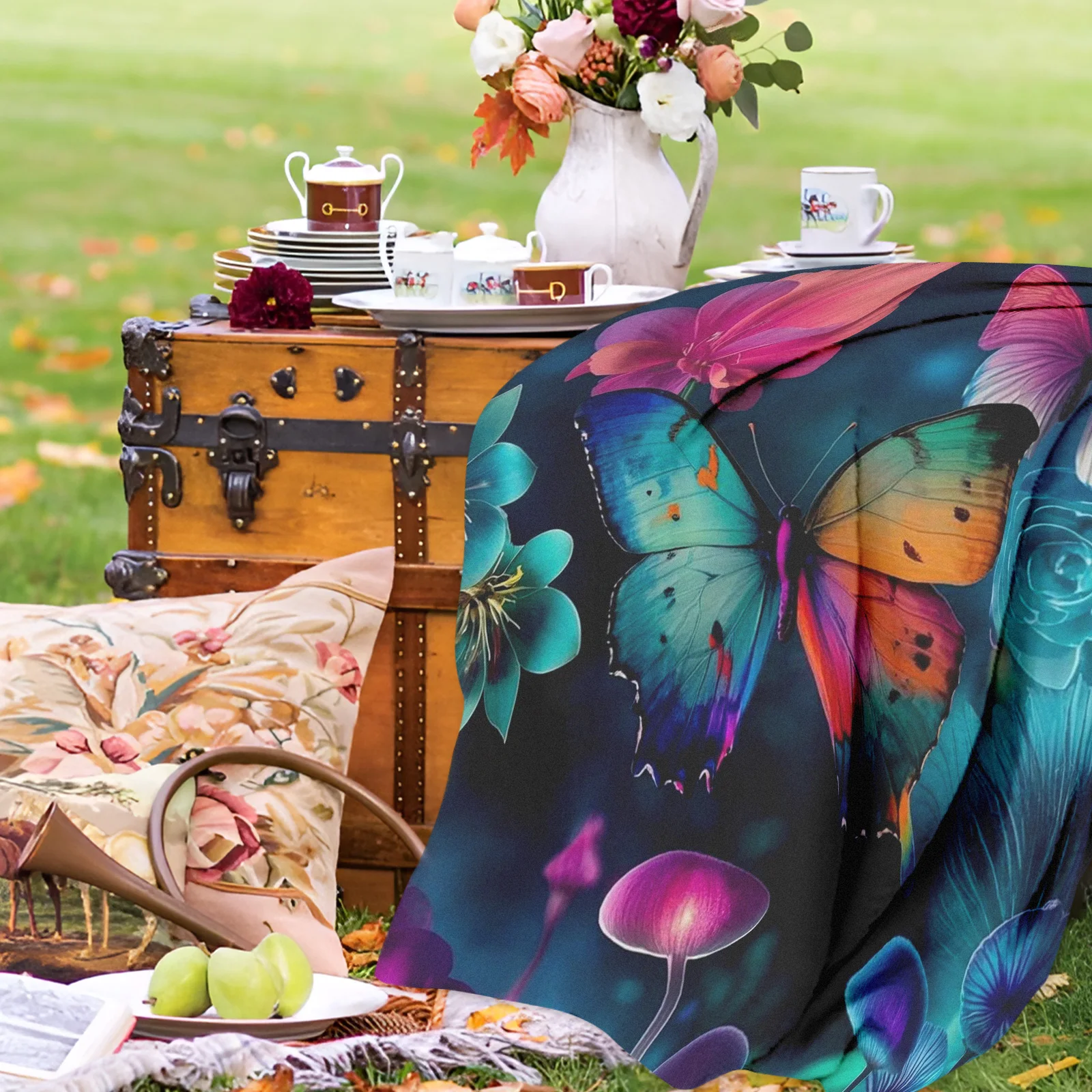 Encantadora manta al aire libre con temática de mariposas y setas en tonos azules y morados para picnics y aventuras naturales