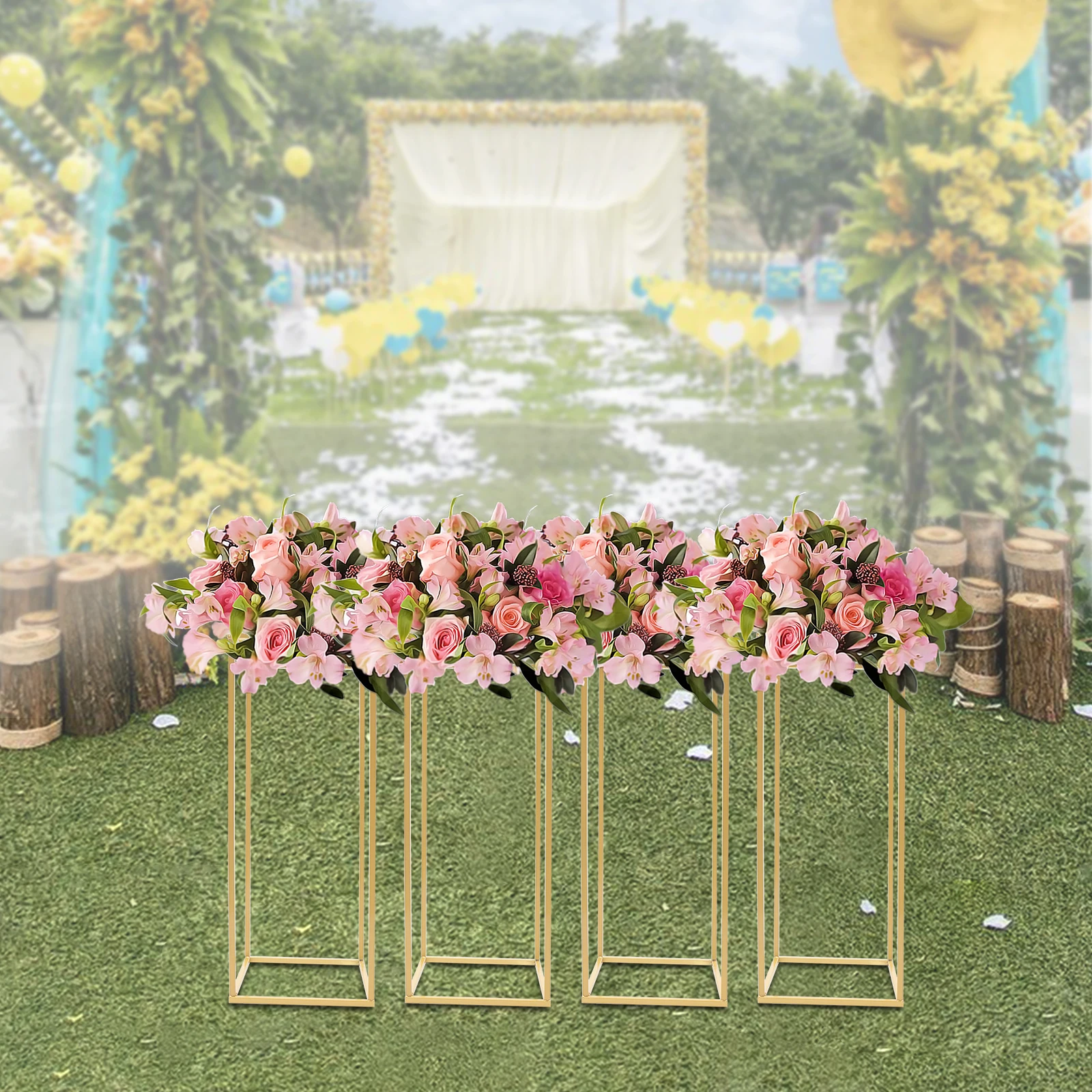 Wedding Vase Geometric Centerpieces 24In Gold Metal Flower Display Stand 4Pcs Column Table Holder