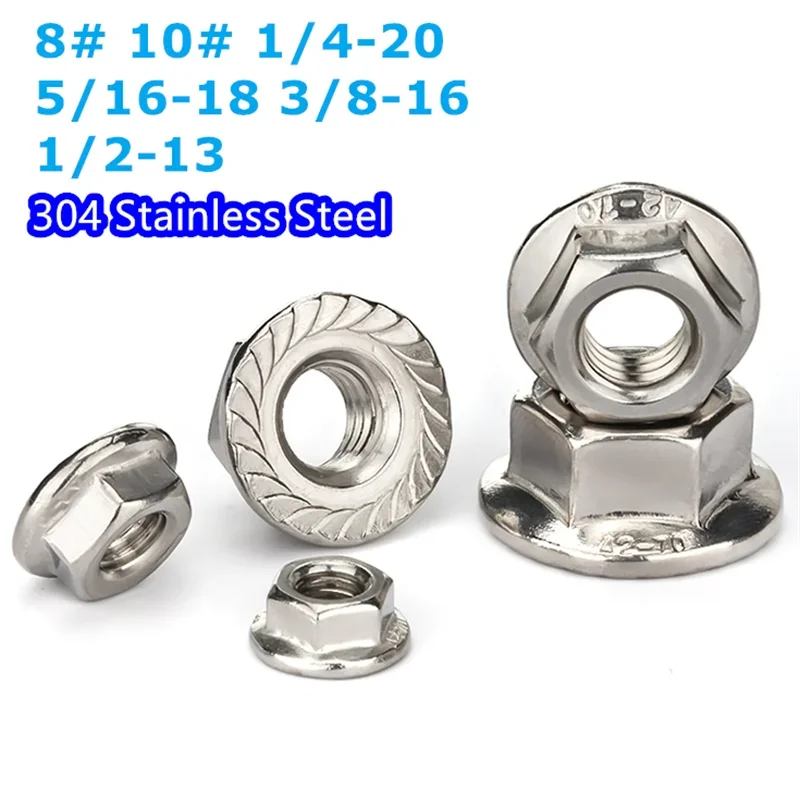 8# 10# 1/4-20 5/16-18 3/8-16 1/2-13 304 Stainless Steel American Standard Hexagon Flange Nuts Pinking Slip Locking Lock Nut