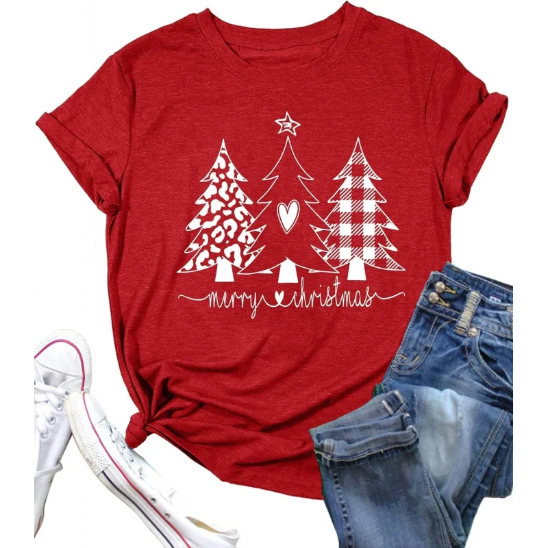 

Women's plus size Christmas tree print classic round neck T-shirt loose short sleeved holiday versatile gift top