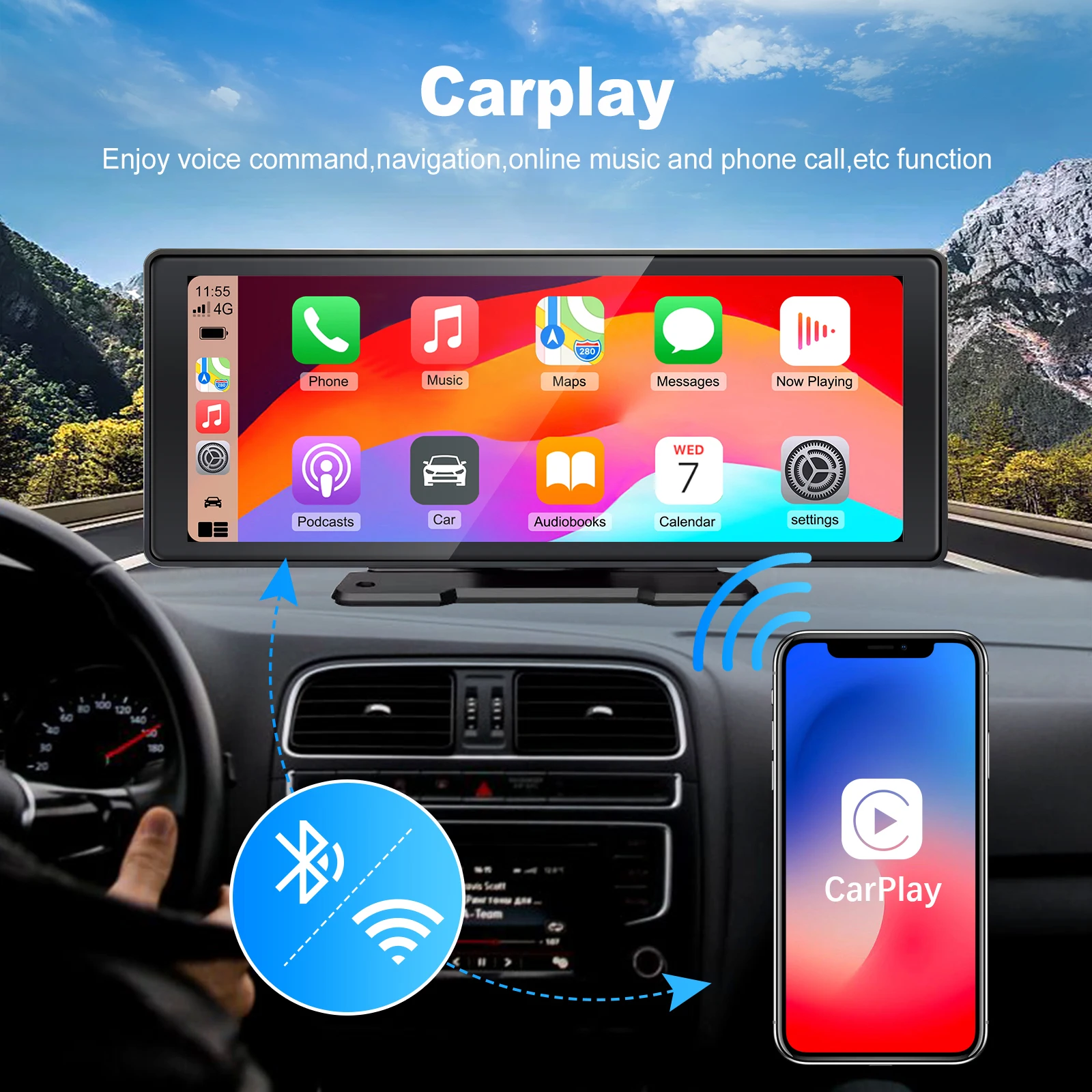 10.26 Inch Portable Wireless CarPlay Android Auto Touch Screen 1600x600 HD Display for Car with Mirror Link and Multiple Mounts