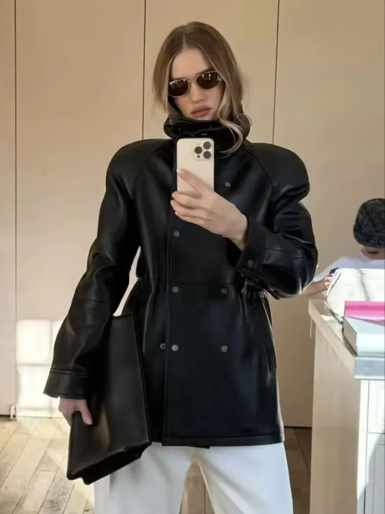 HH Neue Mode Frau Zweireiher Stehkragen Mit Langen Ärmeln Tasche Dekoration Leder Jacke Weibliche Slim Fit Freizeit Mantel