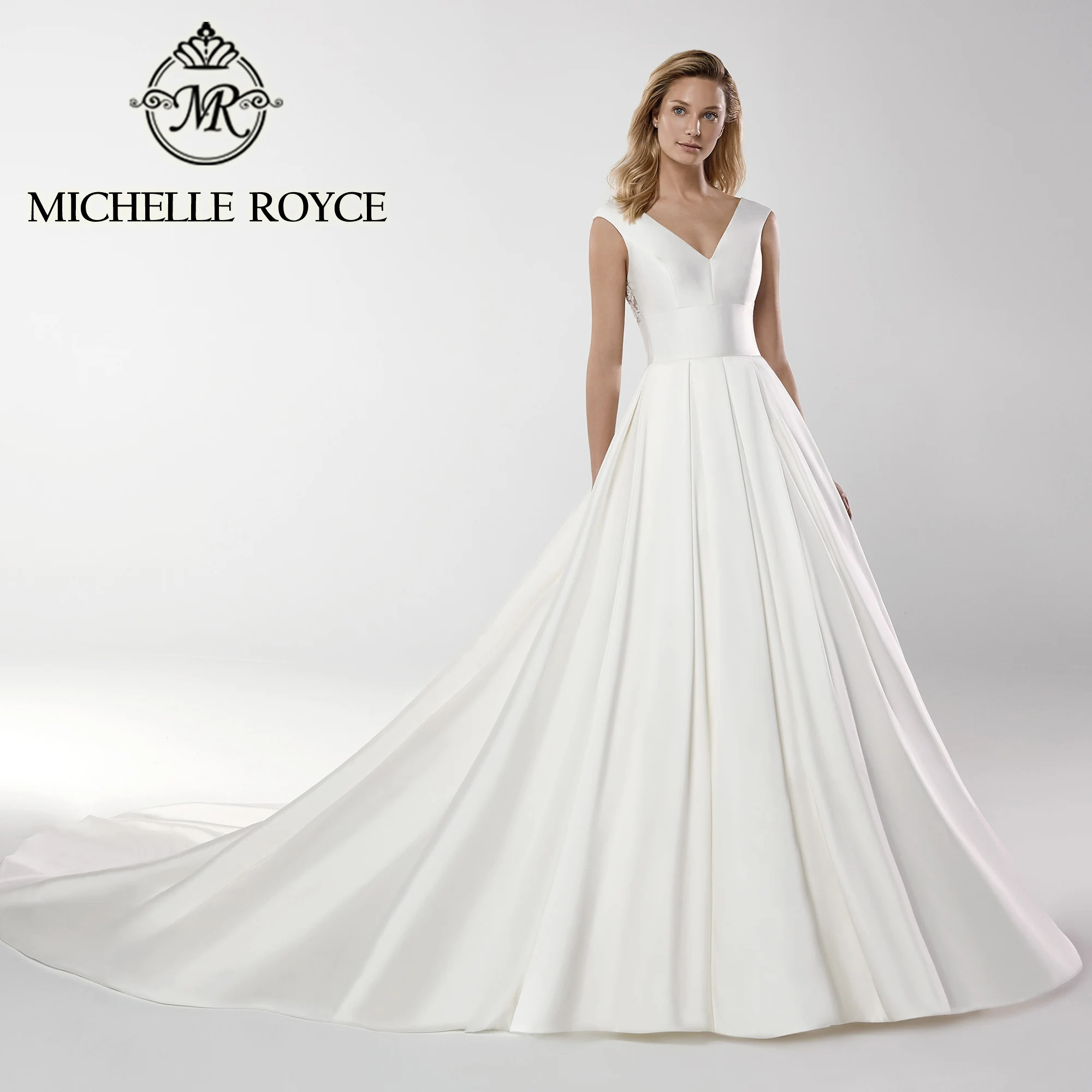 

Michelle Royce Ball Gown Wedding Dresses For Women 2024 V-neckline Appliques Empire Classy Satin Wedding Gown Vestidos De Novia