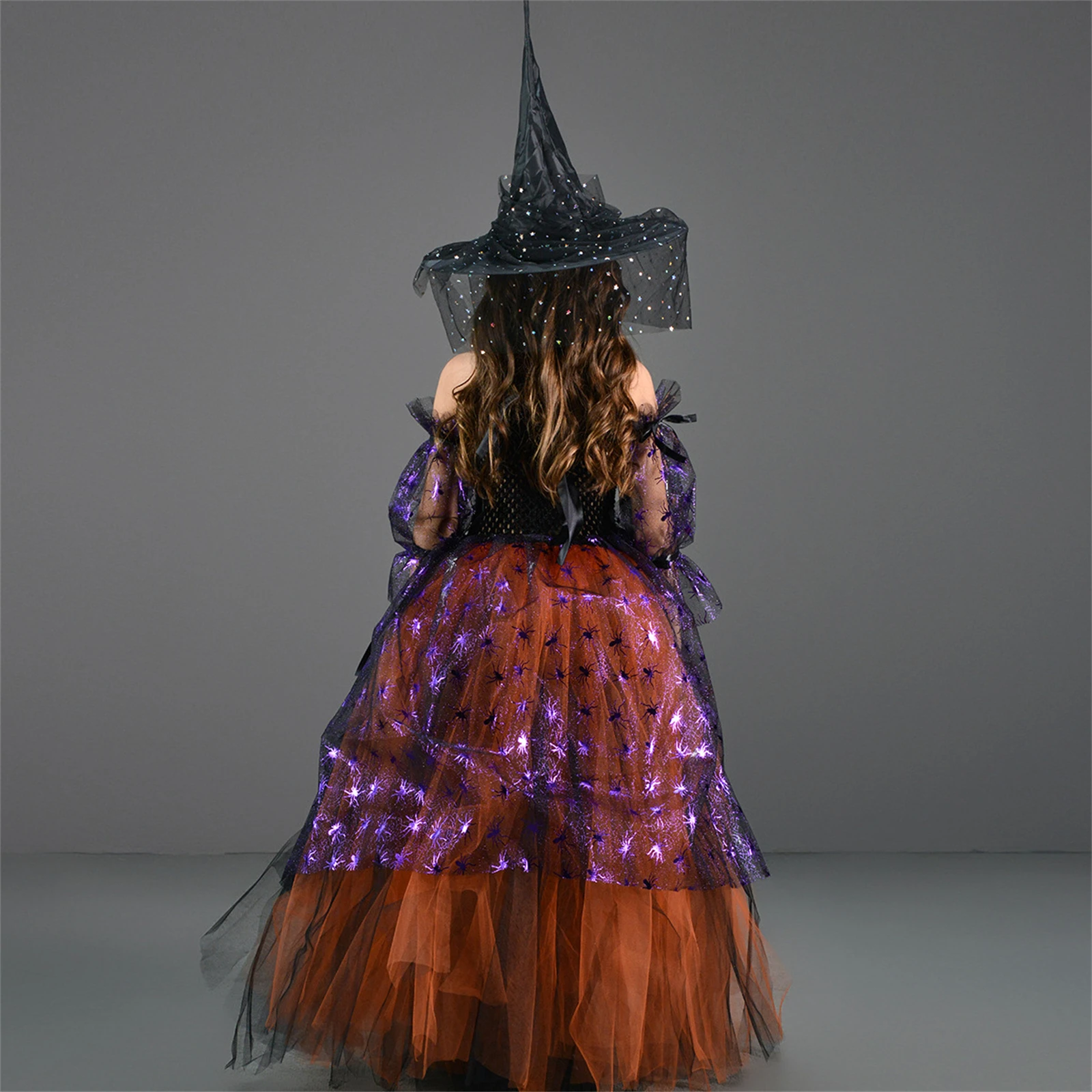 Girl Witch Cosplay Costume With Witch Hat Broom Children'S Halloween Veil Dress Fluffy Dress Princess Birthday Party Dance Dress