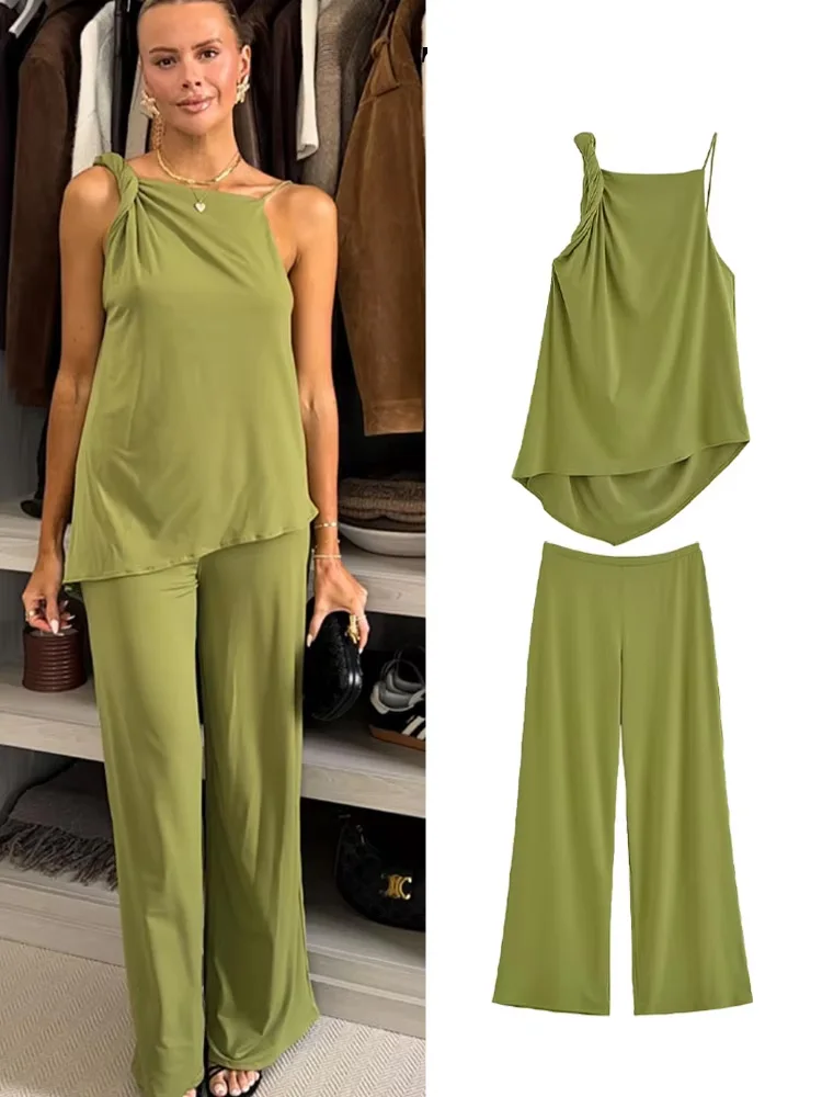 HH-traje de pantalones lisos para mujer, traje asimétrico sin espalda con decoración plisada, Top con tirantes + pantalones de pierna ancha caídos con cintura elástica elegante
