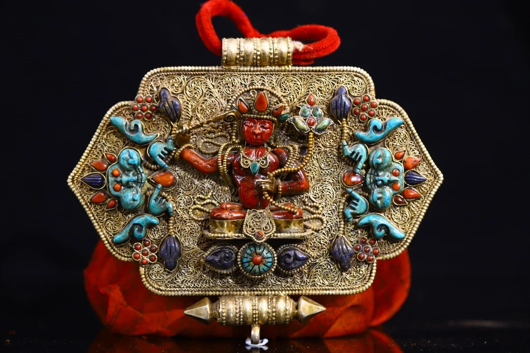 

7" Tibetan Temple Collection Old Tibetan silver Gilt Gem turquoise Manjushri Gawu Box Amulet Dharma Town House Exorcism