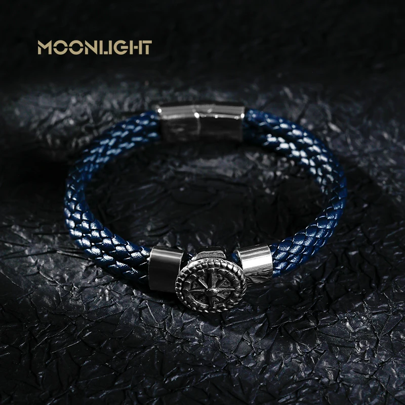 Punk Style Compass Genuine Leather Bracelet For Men Double Layer Braided Bracelet Charm Stainless Steel Clasp Jewelry Gifts