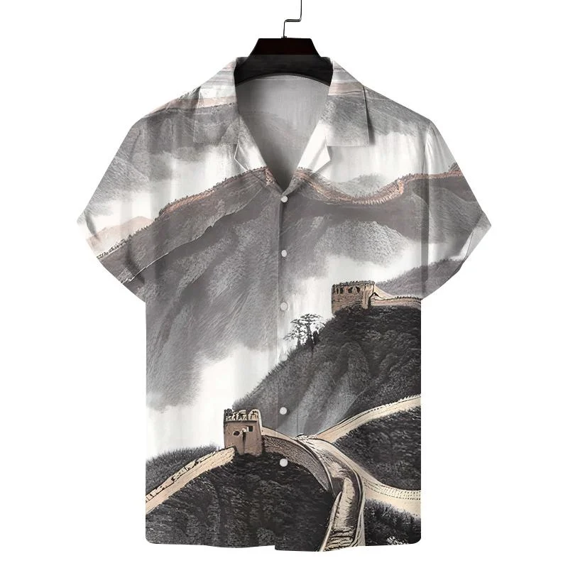 Chinese Landscape Painting Shirt 3d Printed The Great Wall Lake Lapel Short Sleeves Button Down Shirts Summer Blouse Clothes