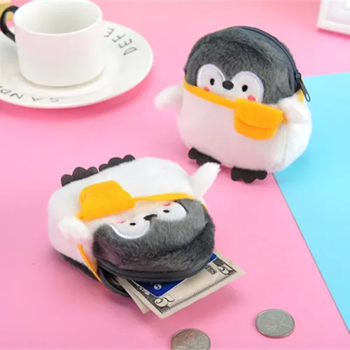 Monedero bonito para mujer, monedero pequeño de felpa suave con dibujos animados para mujer, monedero con cremallera de animales de pingüino, monederos para tarjetas y dinero