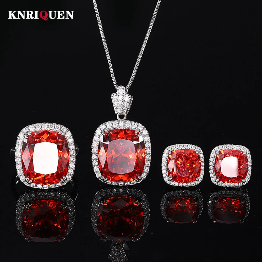 

Retro Luxury 14*16mm Ruby Gemstone Necklace Pendant Ring Earrings Wedding Cocktail Party Fine Jewelry Set for Women Accessories