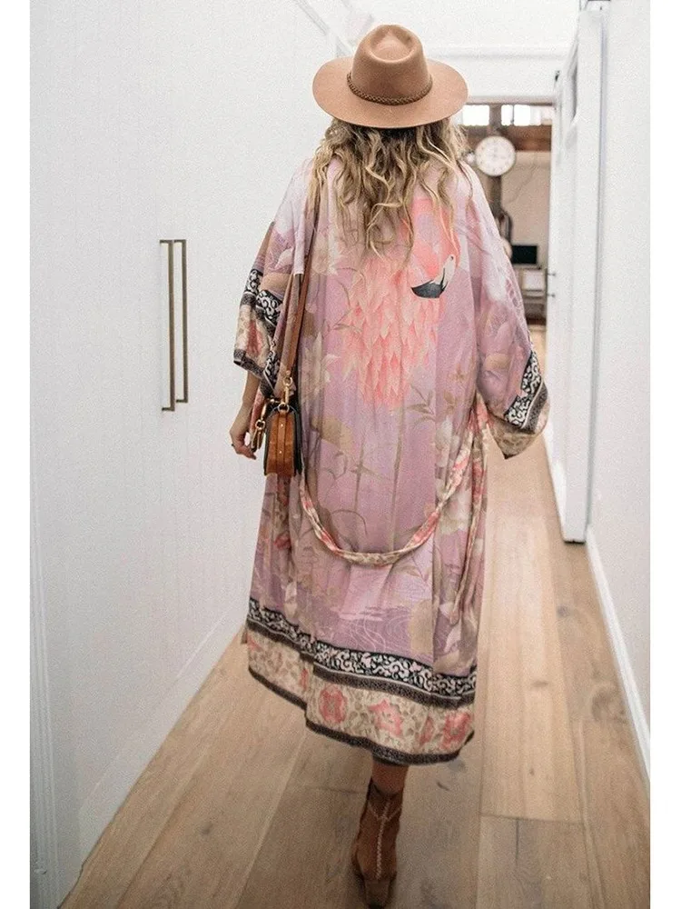 women's long kimono 2025 Bikini Swim Suit Cover-ups Pink Boho Print Self Belted Front Open Pareo Beach Wrap Dress Tunic Women