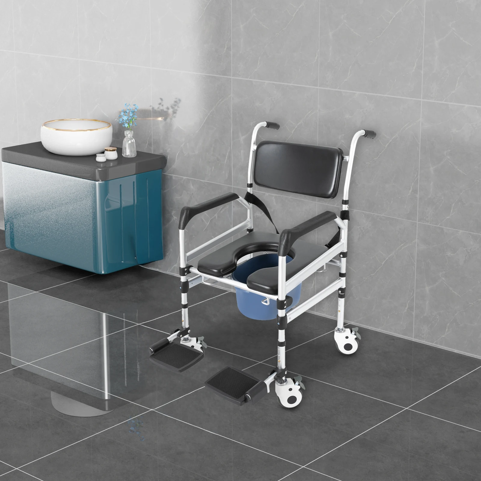 4 Wheels Shower Chair Adult Commode Folding Shower Chair with Bidet Seat Height Adjustable Shower Chair for the elderly, disabled, pregnant, handicapped