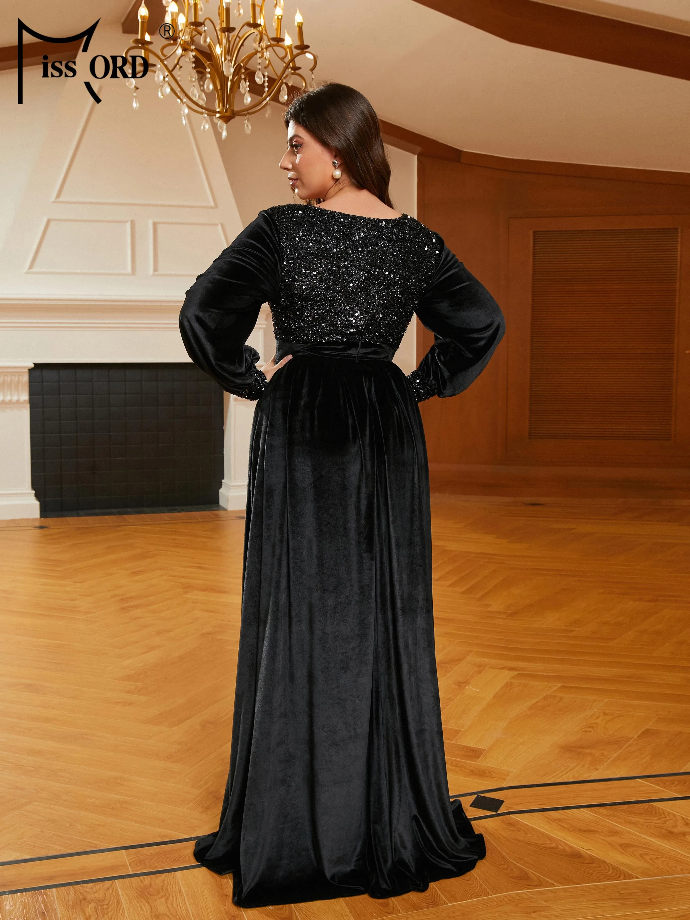 Missord New Plus Size Sequin Black V-Neck Long Sleeve  A-line Prom Evening Formal Occasion Dresses