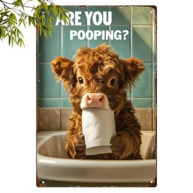Vintage Distressed Metal Sign, Cute Fluffy Calf w/ Toilet Paper & Are You Pooping? - Funny Bathroom Decor, Iron Wall Art for Hom