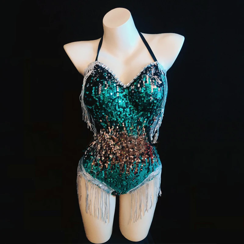 

Gold Blue Sequins Bodysuit Sexy Diamond Fringes Clothes Women Pole Dance Clothing Dj Ds Nightclub Stage Rave Outfit XS5062