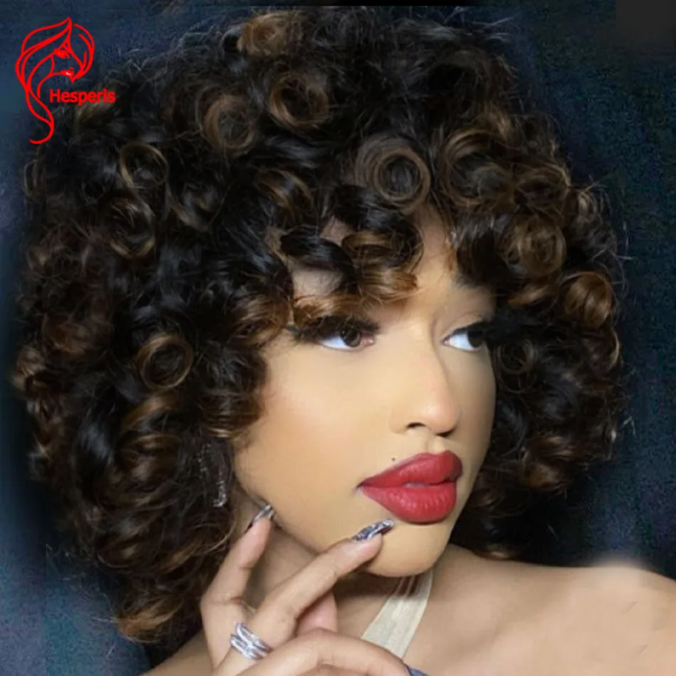 

Hesperis Peruvian Curly Bob Colored Full Machine Made Wig Highlight Blonde Funmi Curly Short Human Hair Wig for Women 200%