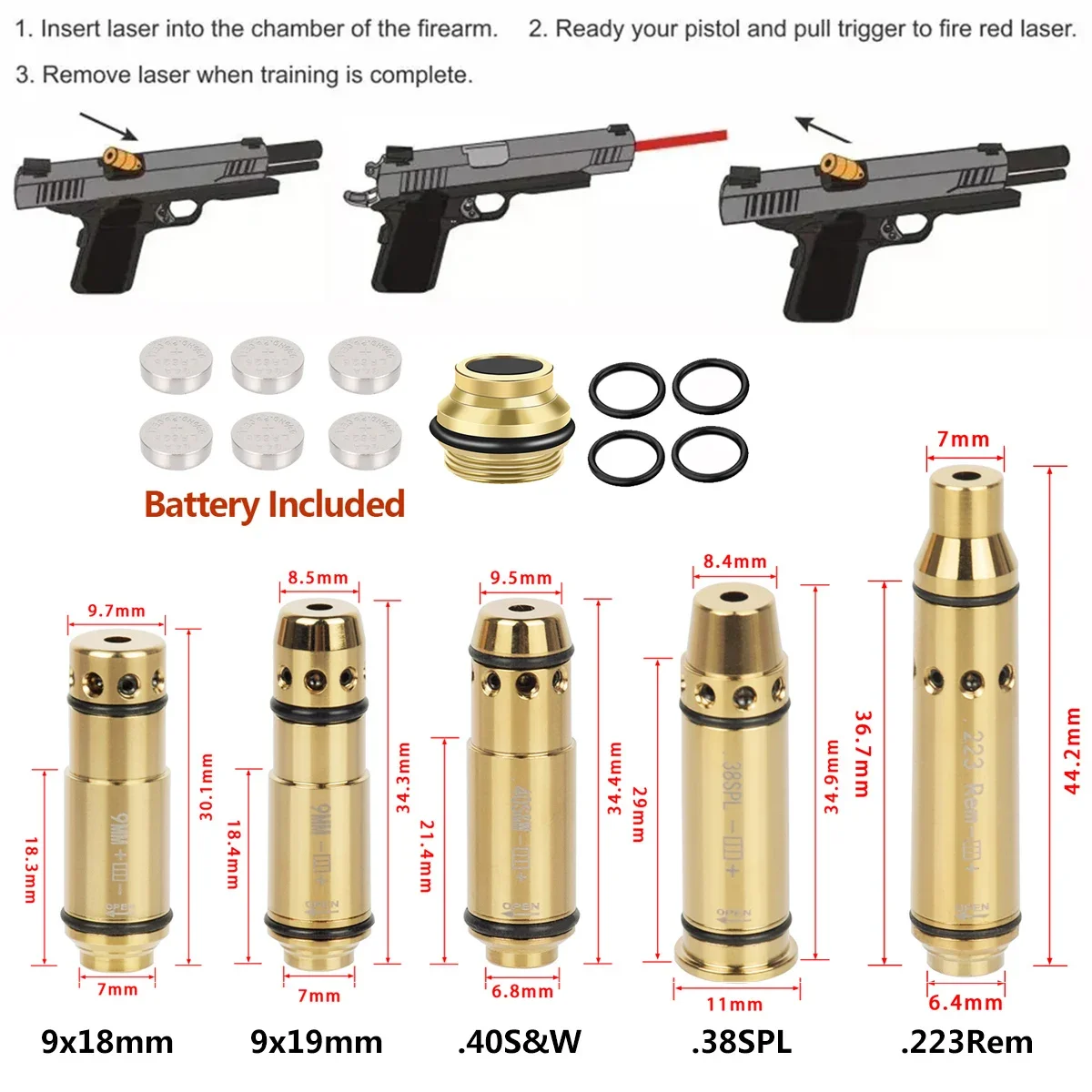 

Tactical 9mm Red Dot Laser Training Bore Sight 9x19mm/380ACP/40S&W/223Rem Laser Training Bullet Dry Fire Laser Trainer Cartridge