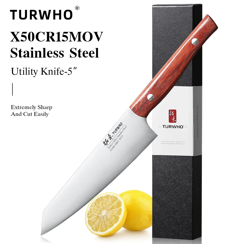 TURWHO 5" Küchenmesser X50Cr15MoV Edelstahl Japanisches Gemüse-, Fleisch-, Obst-Schälmesser Mehrzweck-Bunka-Kochmesser