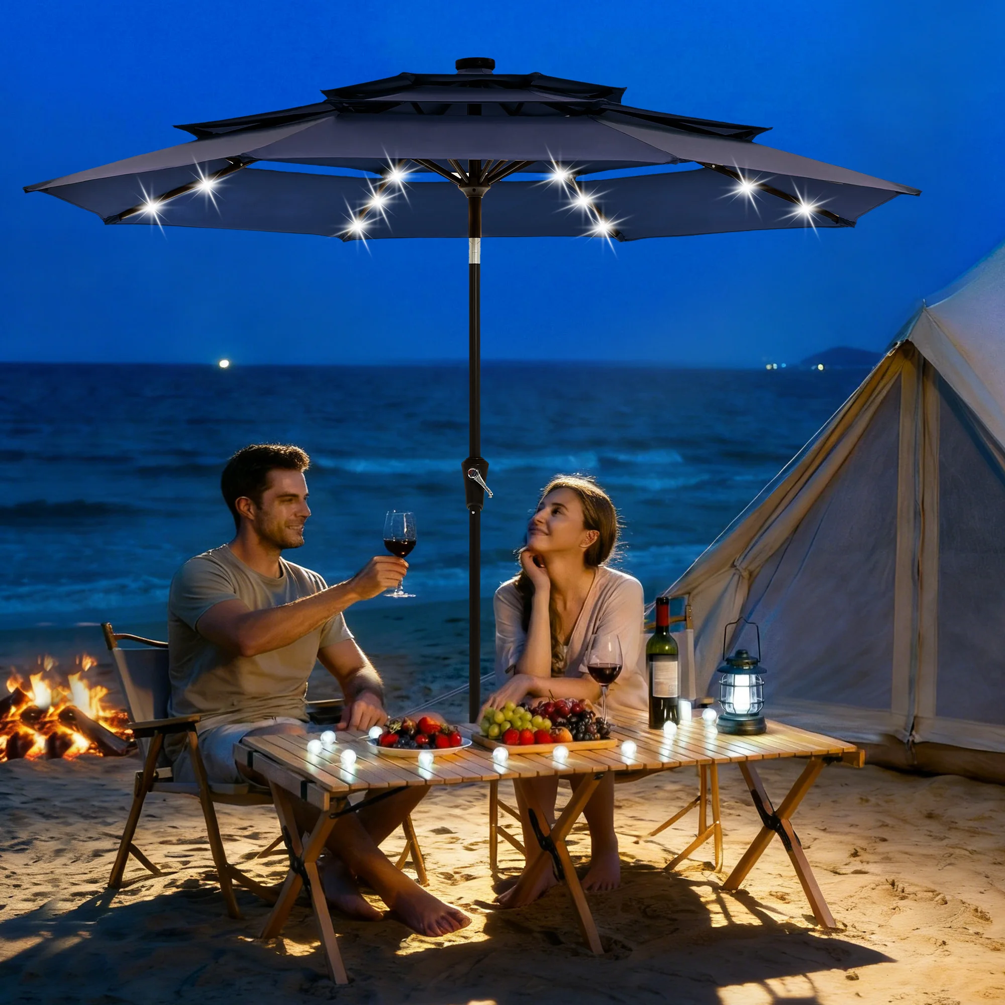 9ft Solar Patio Market Umbrella with 24 LED Lights - 3-Tier Vented Canopy - Crank Lift, Tilt & Adjustable Height, 8-Rib for Garden, Deck, Backyard, Pool